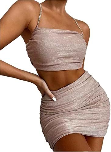 EVILD 2 Pieces Ruched Mini Dress Rhinestone Strap Sexy Tank Glitter Bodycon Dress Cami Dress Party Outfit Clubwear for Women (M, Pink)
