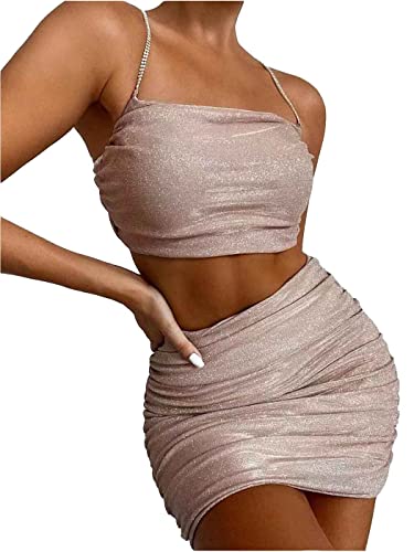 Evild 2 Pieces Ruched Mini Dress Rhinestone Strap Sexy Tank Top Glitter Bodycon Dress Cami Dress Party Outfit Skirt Clubwear for Women (S, Pink)