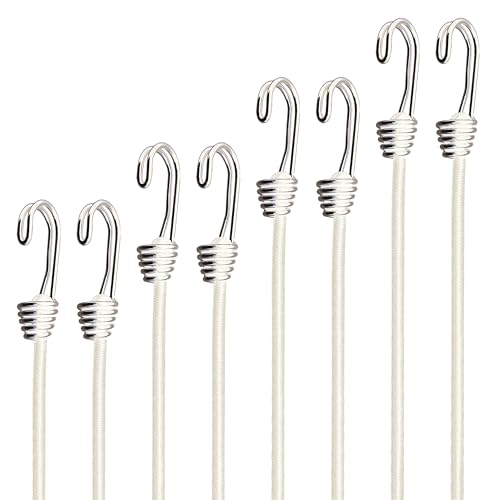 YELIER Bungee Cords with Hooks - 6mm Small Bungee Cords 8-Piece Set - Black White & Multi-Color Options for Outdoor Camping and Storage (White 6mm 8piece Set)