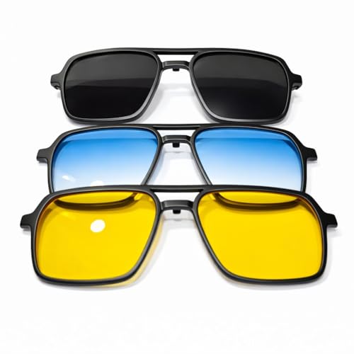 Image of Premium Tinted Eyeglasses with Magnetic Clip-On Sunglasses, 4-in-1, Matte Black Frame, Black Yellow Blue Lenses