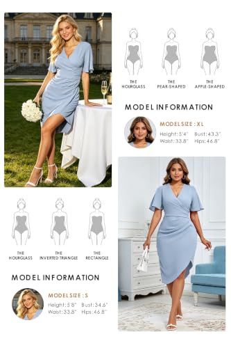 Image of Women's Wrap V Neck Asymmetrical Hem Midi Ruched Cocktail Evening Dress | Back Zipper, Regular Fit, Club Night, Semi Office Formal, Wedding Dinner Date, Flutter Short Sleeve