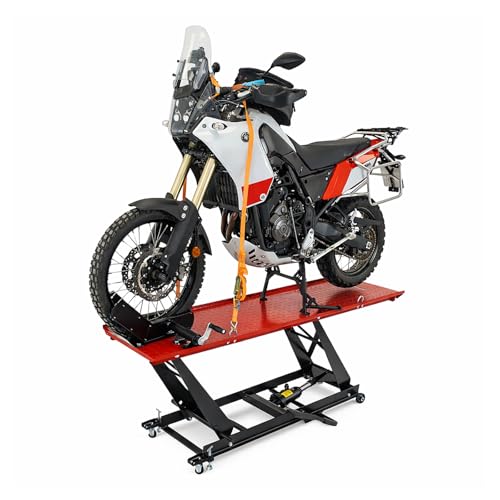TRUTZHOLM Motorradhebebühne hydraulisch Tragkraft 450 kg Motorradheber Nutzbreite 55 cm Hubbereich 18-84 cm abnehmbare Auffahrrampe 4 Halteösen 45° Vorderradklemmung Parallelheber Hebebühne (Rot)