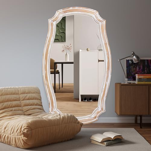Image of 36x24 Inch Rustic Scalloped Wall Mirror, Distressed Wooden Beaded Mirrors | Horizontal or Vertical Display, HD Tempered Glass, Curved Edge Accent, for Bathroom Over Sink, Living Room, Entryway