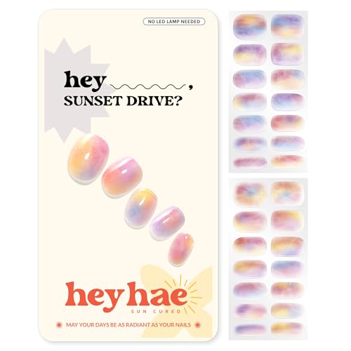 Heyhae Semi Cured Gel Nail Strips | No LED Lamp Needed | Marble, Pink, Spring | Easy Apply & Remove, Salon Quality | Includes 28 Strips, 1 Prep Pads, Nail File & Wooden Stick - Hey, Sunset Drive?