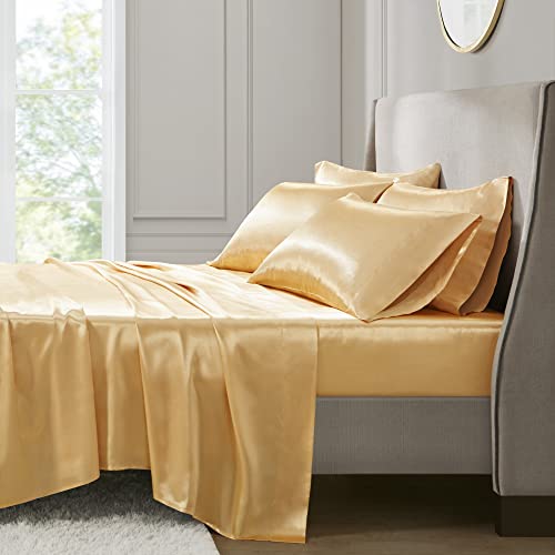 Image of Madison Park Essentials Satin Sheets Cal King Size Bed Set, 6 Piece, Gold | Luxury and Smooth Silky Bedding with Natural Sheen, All Around Elastic 14 inch Pocket fits up to 16 inch Mattress, Year-Round Cozy