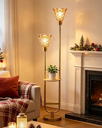 Image of Lightdot 2-Lights Modern Glass Floor Lamp with Shelf Gold Standing Tall Lamps with Amber Shell Glass Shade,LED Floor Lamp with Foot Switch for Living Room Bedroom Home Decor (3000K Bulbs Included)