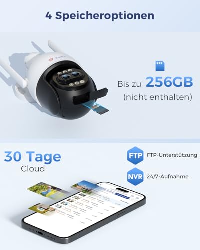 Ctronics [10X Hybrid Zoom 4K &Uuml;berwachungskamera Aussen Dual-Lens, Metal WLAN Kamera 2,4/5GHz, Auto Track&Zoom, Personen/Fahrzeug/Tiererkennung, FTP&NVR, 256GB TF/Cloud/PC, Farbnachtsicht, IP66