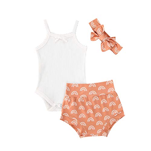 Thorn Tree Newborn Baby Girls Clothes Sleeveless Solid Romper Top & Rainbow Shorts Headband 3Pcs Summer Outfits