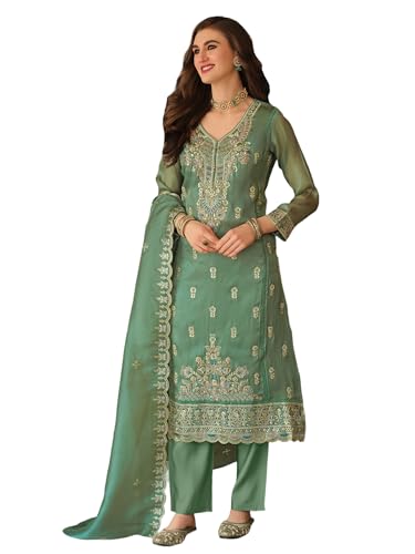 Image of INDO ERA Women's Straight Organza Ethnic Motifs Embroidered Kurta & Pant With Dupatta Set (KH9YL10613)
