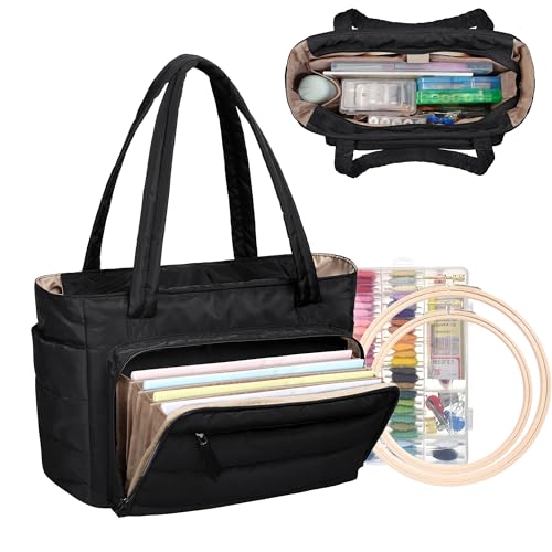 YARWO Puffy Embroidery Project Bag with Classified Pocket Cross Stitch Kits Storage Case with Multiple Pockets and Luggage Sleeve for 10.7Embroidery Hoops Floss Threads Fabric Black (Bag ONLY)