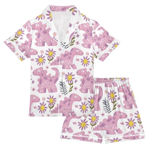 ALAZA Dinosaur Blossom Floral Pajamas Satin Pajama Set Short Sleeve Button Down Sleepwear