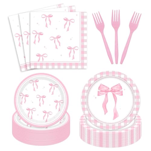 96Pcs Pink Bow Party Decorations Coquette Birthday Plates Napkins Girl Bow Theme Birthday Baby Shower Bridal Shower Bachelorette Party Dinnerware Decor