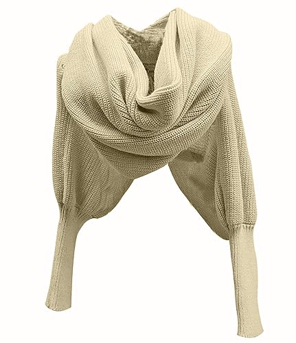 ikasus Women Winter Autumn Sweater Scarf Wrap with Sleeve, Fashion Solid Color Knitted Wrap Scarf Knitted Shawl Cape with Sleeve3