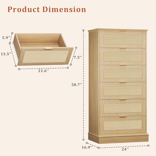 Image of HUAHUU 6 Drawer Dresser for Bedroom, 50 Inch Tall Dressers & Rattan Chest of Drawers, Boho Style, Wood Modern Dressers Organizer for Bedroom, Living Room, Hallway, Entryway, Oak
