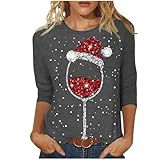 Damen T-Shirt mit Weihnachtsmotiv Bedruckt Rundhalsausschnitt Dreiviertelärmel lässiges Oberteil (Grey, XXXXXL)