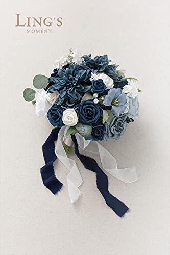 Ling's Moment 11 Inch Artificial Wedding Bouquets For Bride Bridal Bouquet Bridesmaid Bouquet Tossing Bouquet For Wedding Ceremony Anniversary Bridal Shower, Noble Navy Blue #TOP3