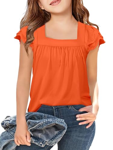 Image of Arshiner Girls Shirts Short Sleeve Square Neck Summer Lace Openwork Pleated Tops Blouse Tunic