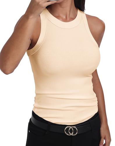 GEMBERA Womens Sleeveless Racerback High Neck Basic Ribbed Knit Fitted Tank Top Cream,Nude,L
