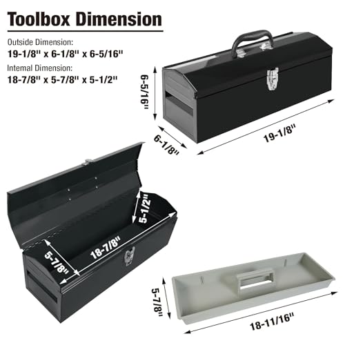 Image of Torin ATB101B-2 19 inch Hip Roof Style Portable Steel Tool Box with Metal Latch Closure and Removable Storage Tray, 19.1 inch x 6.1 inch x 6.5 inch, Black