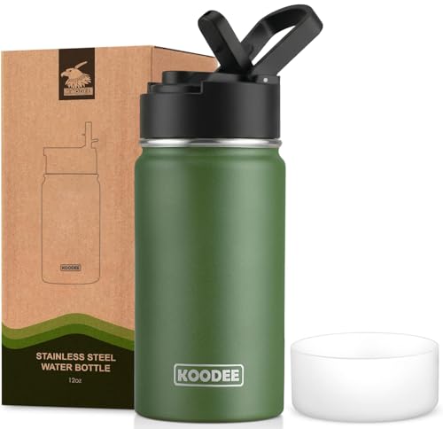 Image of koodee 12 oz Water Bottle Stainless Steel Double Wall Vacuum Insulated Wide Mouth Water Flask with Straw Lid (Grass Green)