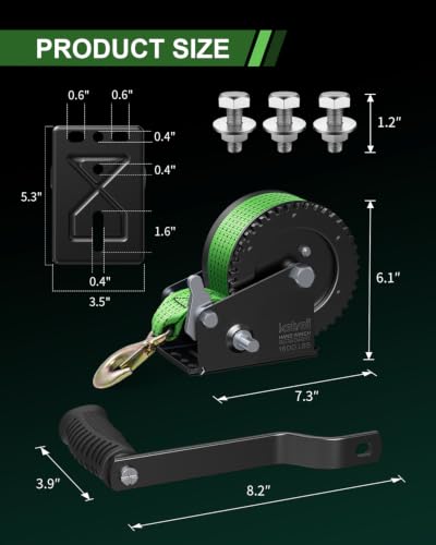 Image of Kolvoii 1600 lbs Boat Trailer Winch with Strap, Portable Hand Winch, 2-Way Ratchet 4.1:1 Gear Ratio for Boat, Trailer, Marine and Jet Ski, 26FT Strap, Green