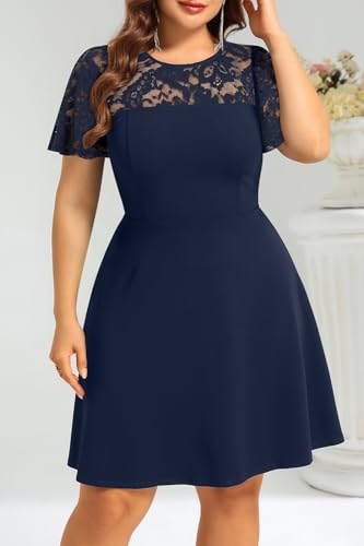 Image of Plus Size Cocktail Dress - Lace Wedding Guest Party Crew Neck Short A Line Dresses Women