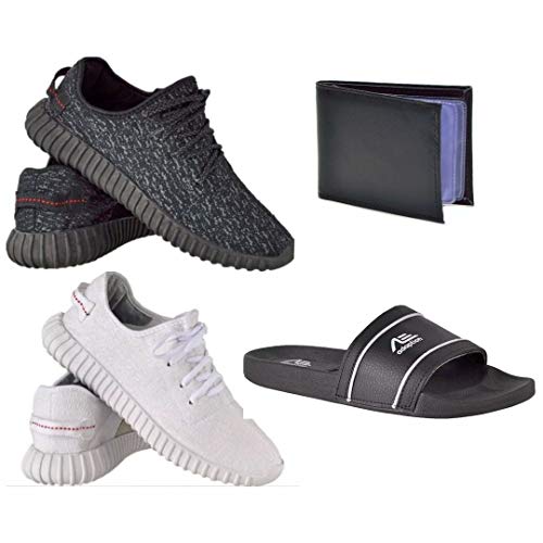 Kit 2 Tenis Masculino Esporte e 1 Sandalia Chinelo Slide Cor:Preto-Branco;Tamanho:38;