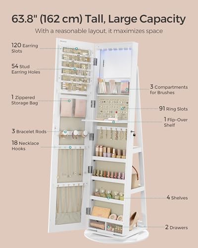 Image of SONGMICS 6 LEDs Mirror Jewelry Cabinet Organizer, 360 Swivel, Lockable