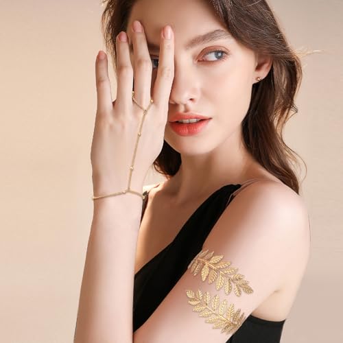 4PCS Gold Arm Cuff & Hand Chain Bracelet Set - 14k Real Gold Plated, Arm Bracelet Upper Arm, Gold Bangles Stack Non Tarnish, Minimalist Armband2