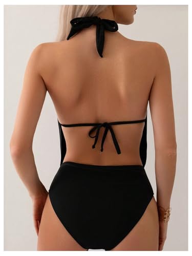 Verdusa Women's 2 Piece Tankini Set Drape Neck Tie Back Halter Top with Bottom Swimsuit2