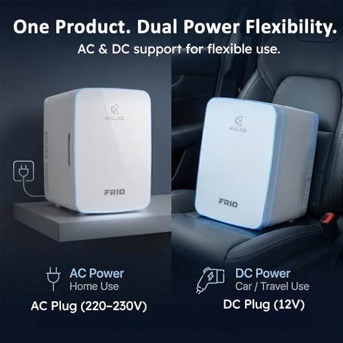 Image of KILIG Frio Mini Fridge | Portable Cooler & Warmer | 240V AC & 12V DC Power for Home & Car | Smart Temperature Control | Perfect for Food & Beverages, Travel, Skincare, Medicine | White