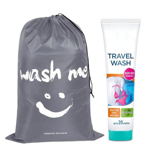 Travelling Essentials Bundle: Travel Hand Wash with Foldable Travel Laundry Bag - Travel Washing Detergent with Travel Laundry Bag for Dirty Clothes