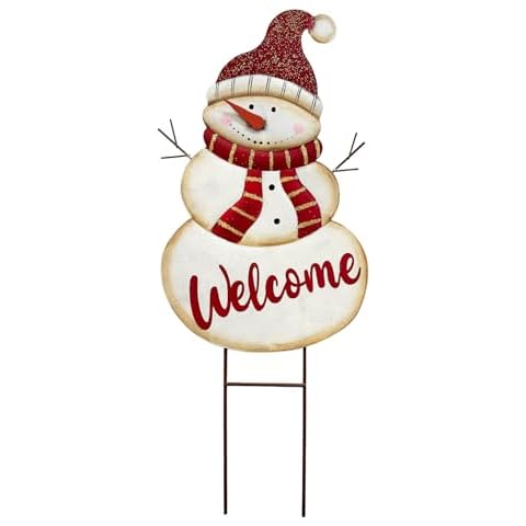 YUMBOR Glittered Snowman Stakes Rustic Metal Welcome Snowman Garden Stake, 25" H x 10.5" L, Christmas Wnter Holiday Decor Christmas Lawn Ornament Seasonal Garden Decoration, Front Porch Welcome Sign Cover