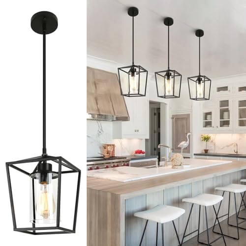 PAKOKULA Black Pendant Lights 1-Light Pendant Lights Kitchen Island Farmhouse Lantern Pendant Light Iron Cage Hanging Light Fixtures with Clear Glass Shade for Dining Room, Entryway, Hallway, Porch