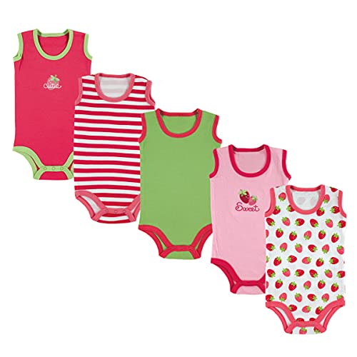 Luvable Friends Unisex Baby Cotton Sleeveless Bodysuits, Pink Strawberry 5Pack, 0-3 Months