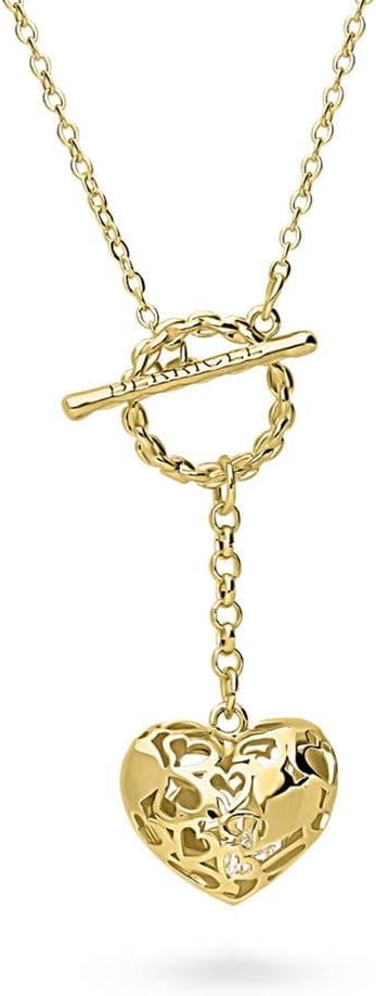 BERRICLE Gold Tone/Silver Tone/Rose Gold Tone Puffed Heart Toggle Necklace for Women, Trendy Layering Heart Pendant, Statement Everyday Jewelry