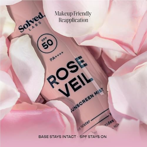 Image of Solved Labs Rose Veil Sunscreen Spray /Mist (Pack of 2) | SPF50 PA++++ | Rose Water & PDRN , Niacinamide & Brightening Peptides | Lightweight UV Protection Spray Sunscreen | For All Skin Types | 100ml each