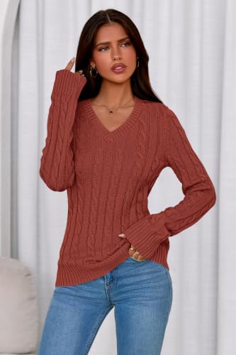 PRETTYGARDEN V Neck Cable Knit Sweaters for Women 2026 Long Sleeve Ribbed Fitted Pullover Tops Business Casual Fall Outfits(Brick Red,Large) — view 3