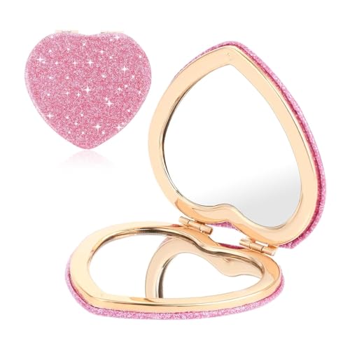 Espejo de Bolsillo Pequeño,Espejo Plegable Compacto en Forma de Corazón Mini Espejo de Tocador 1X/2X Doble Cara Espejo de Bolsillo con Ampliación Espejo Compacto Portátil para Mujeres y Niñas (Rosa)