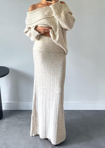 Image of Unybwonn Skirt Sets Women 2 Piece Outfits off the Shoulder Sweater and Knitted Skinny Maxi Skirts Fall Casual Outfits