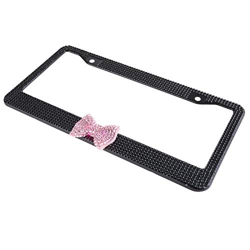 Fashion Premium Crystal License Plate Frames,Waterproof Bling License Plate Covers,Us Universal Rhinestone License Plate Holder For Women(1 Frame,Black Frame Pink Bowknot) #TOP2