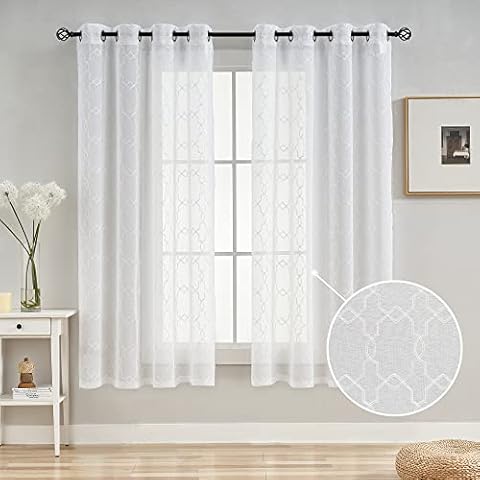 AUFENLLY Sheer White Curtains 63 Inch Length 2 Panels - Geometric Moroccan Pattern Faux Linen Modern Embroidery Sheer Curtains for Living Room Bedroom Grommet Curtains 52 x 63 Inch 2 Panels Cover