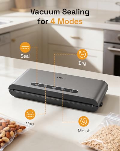 Image of HBN Food Vacuum Sealer Machine, 70kPa Automatic Sealer for Dry & Moist Food, Hands-Free Lid, Stainless Steel, External Cutter & Bag Storage, Includes 1 Roll & 20 Bags