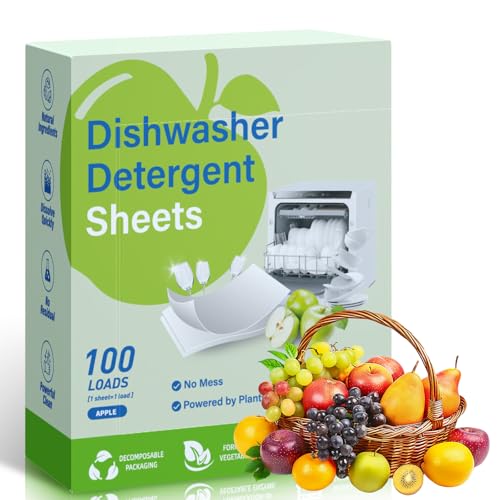 100 hojas de detergente para lavavajillas, biodegradables, muy limpiadoras sin productos químicos, para eliminar residuos, grasa y olores desagradables, aroma a manzana
