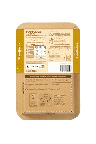 Couscous Oriental Trevijano: 6 Schalen à 300 g. Ohne Zusatzstoffe und Konservierungsmittel, nur getrocknete pflanzliche Zutaten: Couscous, Zwiebel, grüne Paprika, rote Paprika, Curry.