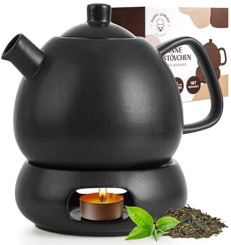 Keramik Teekanne mit Stövchen und Sieb - 1,4 l - Große Teekanne mit Siebeinsatz und Kerzenwärmer - Teekannen Set mit Filter für losen Tee - Tee Zubehör - robust & spulmaschinenfest...