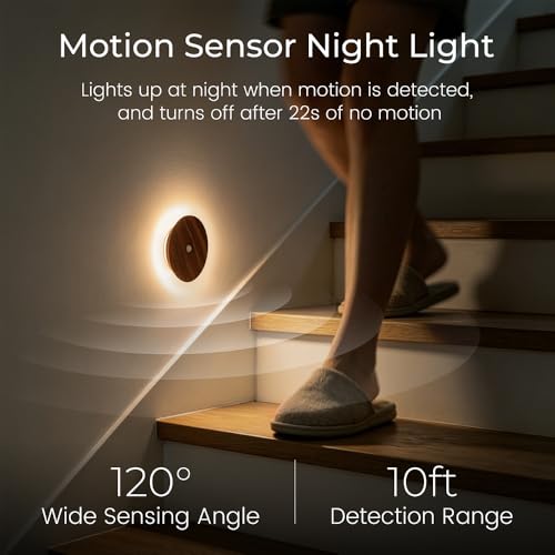 Image of Motion Sensor Night Light Wood Rechargeable Battery Powered Stick-On Step Lights Magnetic Closet Warm Nightlight for Hallway Bedroom Stair, Black Walnut