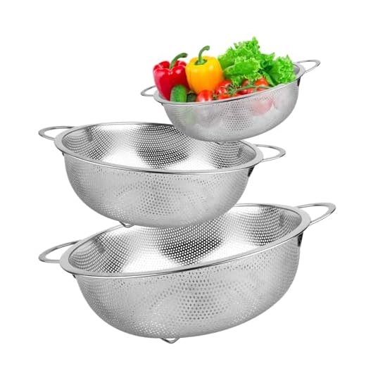 Sieb 3er-Set, Nudelsieb Edelstahl mit Griffen, Küchensieb Micro-Perforierte Hochglanzpoliert,Metall Küche Sieb für Nudeln Obst Reis,Gemüse, Reissieb Spülmaschinenfest, Abtropfsieb Seiher (16/22/28cm)