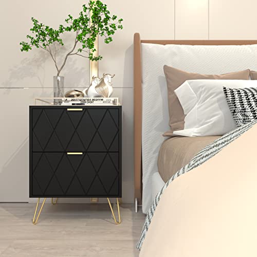 Anbuy Black Nightstand, End Side Table, Mid Century Modern Bedside Table With 2 Drawers Night Stand Metal Legs For Bedroom Living Room #TOP3