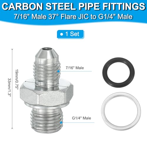 Image of PATIKIL Hex Reducing Nipple Connectors Pipe Adapter 7 /16 inch Male 37 Flare JIC x 1 /4 inch g Male, Pipe Fitting Reducer Nipple Adapter Plated Steel Hydraulic Fitting